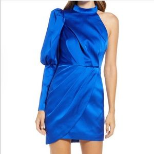 Lavish Alice One Shoulder Puff Sleeve Satin Cocktail Dress
